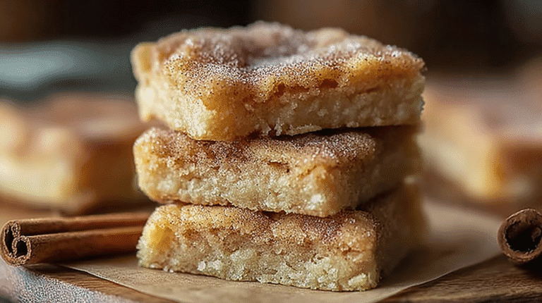 Stack of cinnamon-sugar blondie bars with a crackly top, sprinkled with cinnamon next to cinnamon sticks.