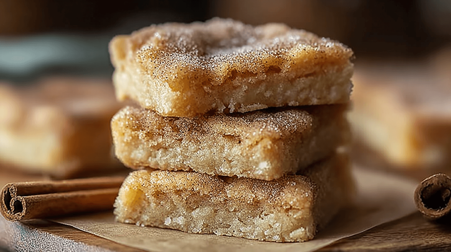 Stack of cinnamon-sugar blondie bars with a crackly top, sprinkled with cinnamon next to cinnamon sticks.
