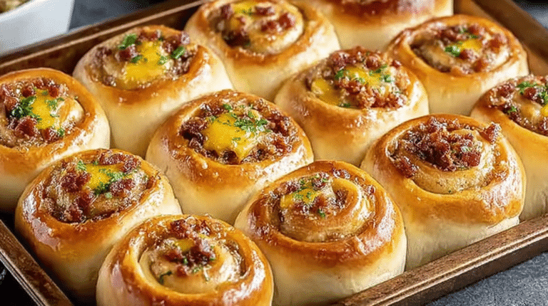 Golden, fluffy breakfast rolls baked in a tray, swirled with savory filling and melted cheese, topped with parsley.
