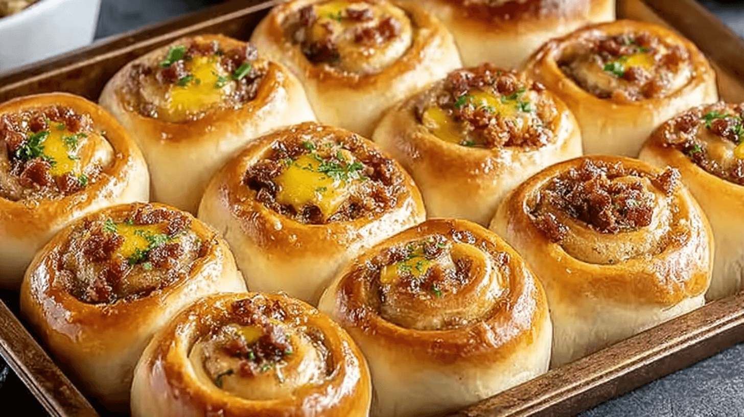 Golden, fluffy breakfast rolls baked in a tray, swirled with savory filling and melted cheese, topped with parsley.