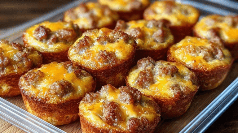 Tray of golden brown pancake sausage mini muffins topped with melted cheese for a high-protein breakfast.