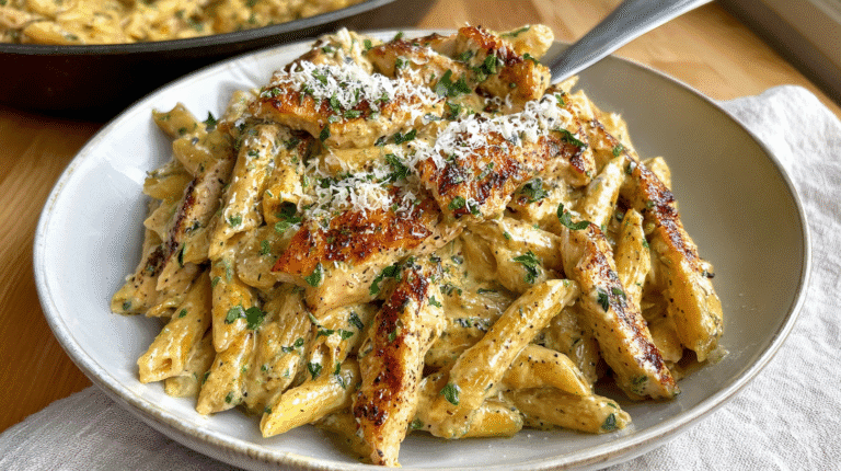Garlic Parmesan chicken and pasta—seared chicken strips with creamy garlic-Parmesan penne, topped with parsley and grated cheese in a bowl.
