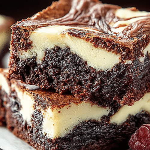 Fudgy chocolate brownies swirled with creamy cheesecake ribbons, stacked on parchment with fresh raspberries.