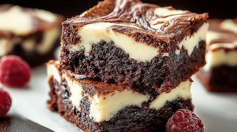 Fudgy chocolate brownies swirled with creamy cheesecake ribbons, stacked on parchment with fresh raspberries.
