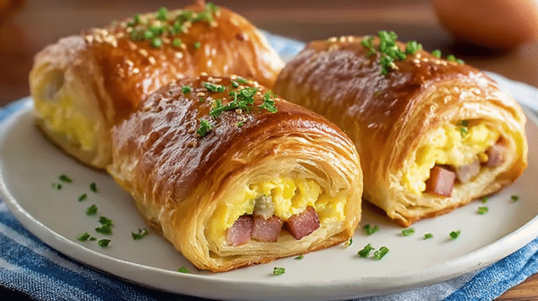 Flaky breakfast rolls filled with scrambled eggs and sausage, topped with chopped chives on a plate.