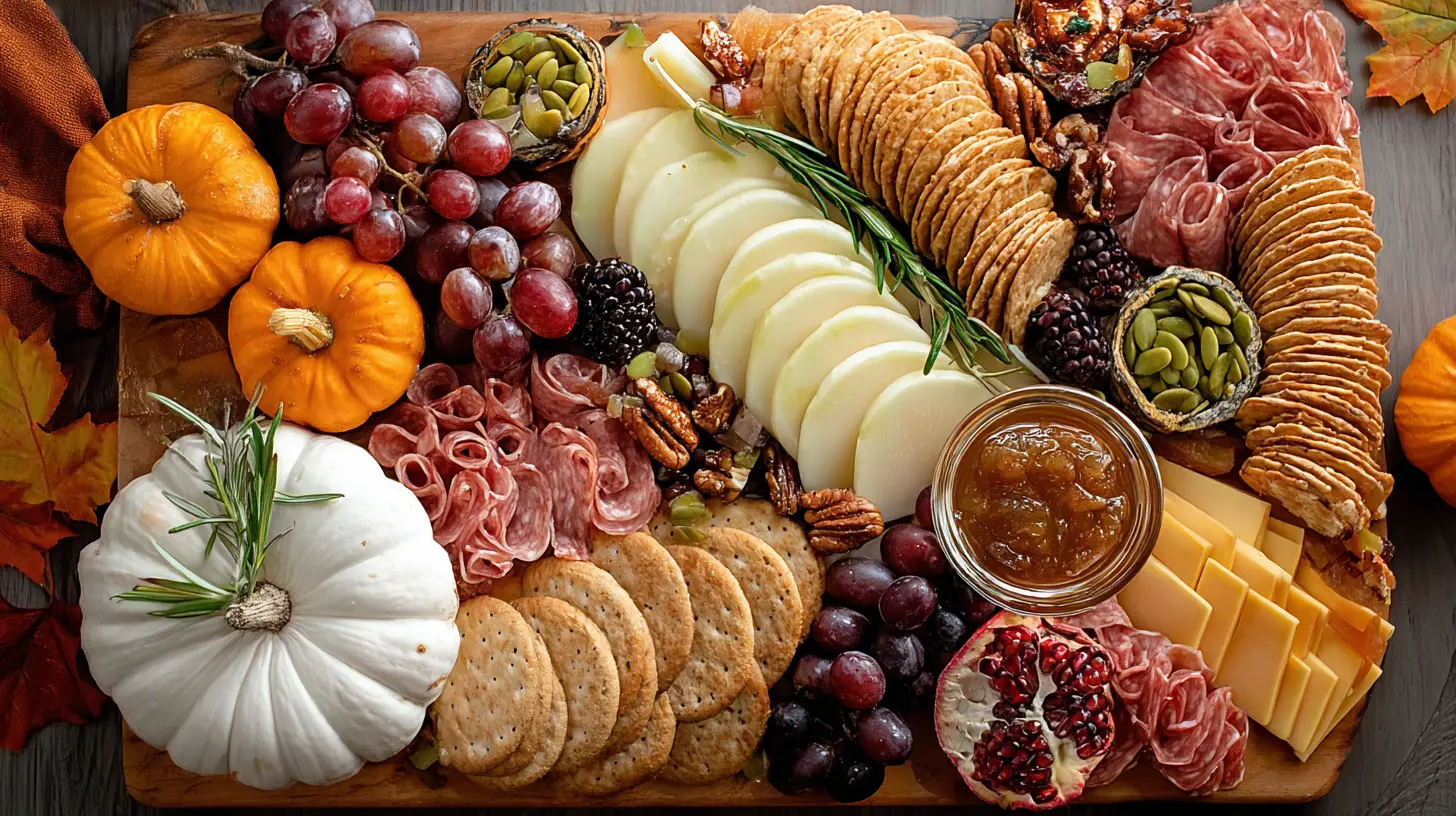 Overhead view of a fall charcuterie board with sliced cheeses, salami rosettes, assorted crackers, red grapes, blackberries, nuts, pumpkin seeds, rosemary, a jar of apple butter, pomegranate halves, and mini pumpkins on a wooden board.