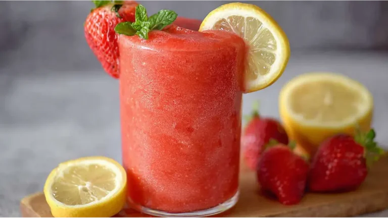 Refreshing frozen strawberry lemonade served in a glass with fresh strawberries, lemon slices, and mint garnish.