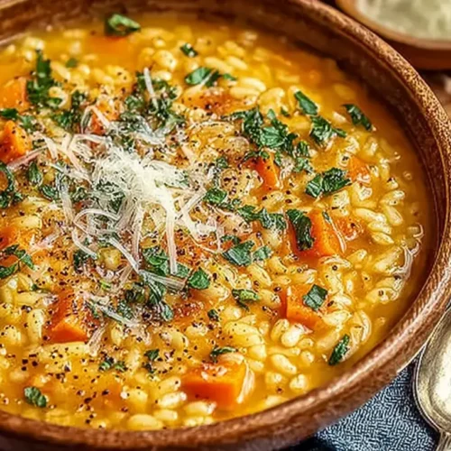 Close-up of a warm bowl of Italian “penicillin” soup—lemony chicken broth with pastina, carrots, parsley, black pepper, and shaved Parmesan, with toasted bread on the side.