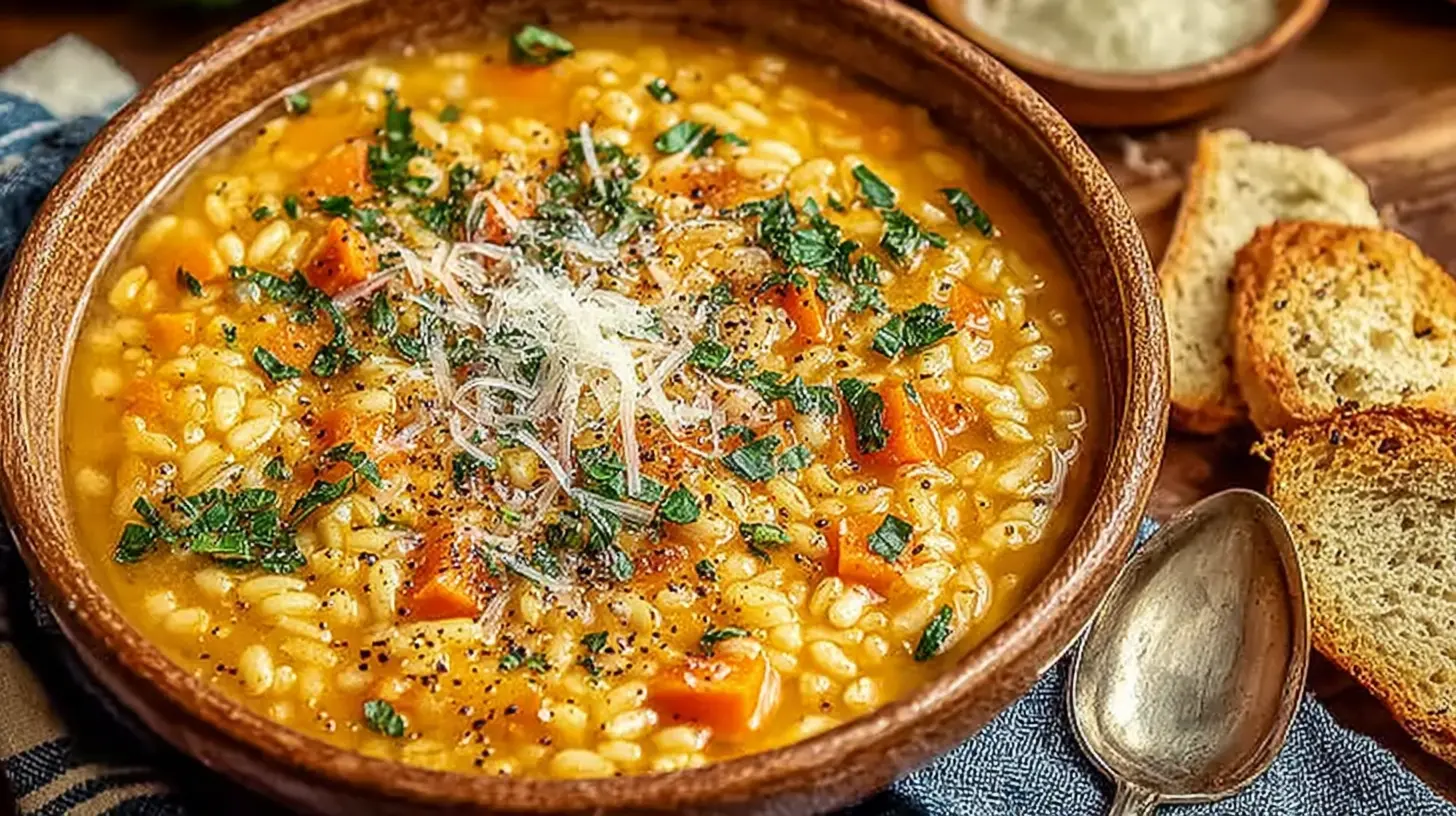 Close-up of a warm bowl of Italian “penicillin” soup—lemony chicken broth with pastina, carrots, parsley, black pepper, and shaved Parmesan, with toasted bread on the side.