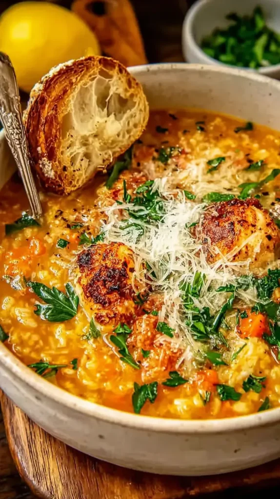 Vertical close-up of Italian Penicillin Soup—lemony chicken and pastina with carrots, parsley, grated Parmesan, and seared chicken pieces, served with a slice of crusty bread.