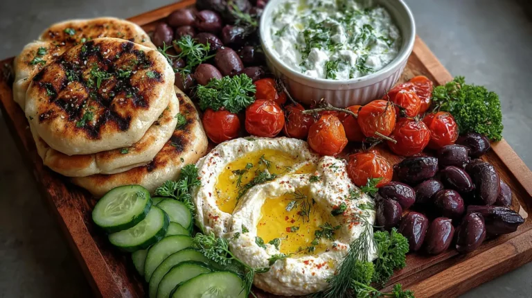 Mediterranean brunch board with hummus, tzatziki, roasted tomatoes, olives, cucumbers, and grilled flatbread arranged on a wooden serving platter.