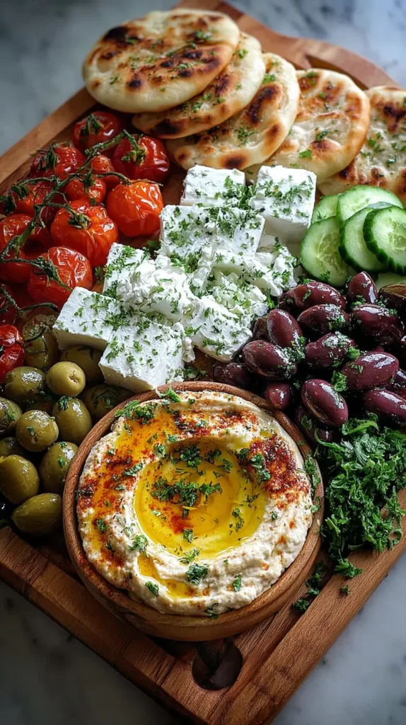 Mediterranean brunch board with hummus, grilled flatbread, feta cheese, roasted tomatoes, olives, cucumbers, and fresh herbs arranged on a wooden board.