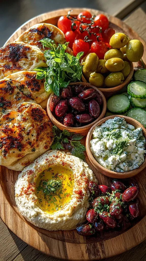 Mediterranean mezze brunch board with hummus, grilled flatbread, olives, cucumber slices, cherry tomatoes, and fresh herbs on a wooden serving platter.