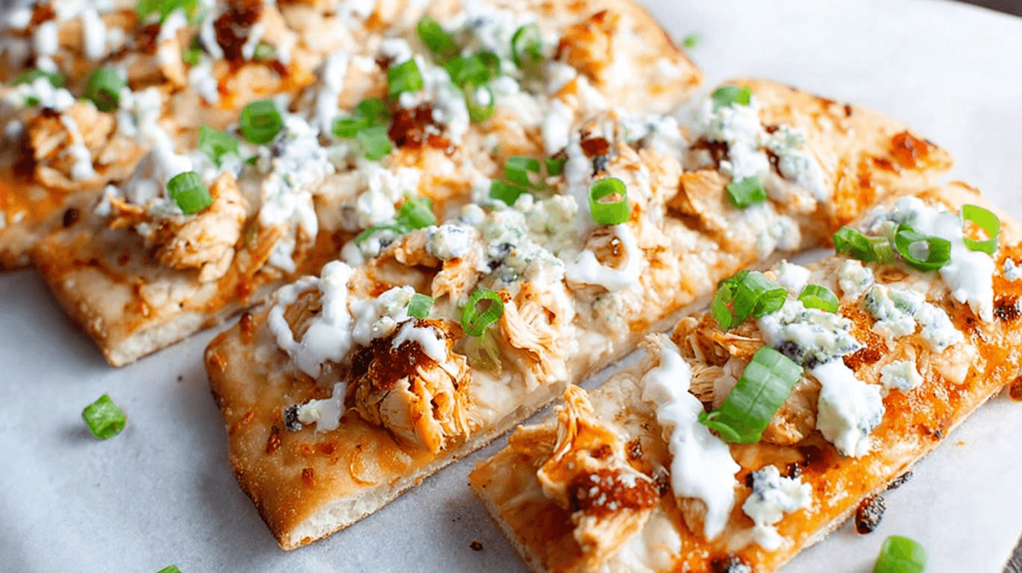 Buffalo chicken flatbread topped with melted cheese, ranch drizzle, and green onions, sliced into pieces.