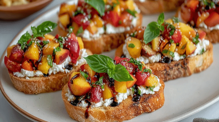 Toasted baguette slices topped with whipped ricotta, fresh peaches, basil, and balsamic glaze.