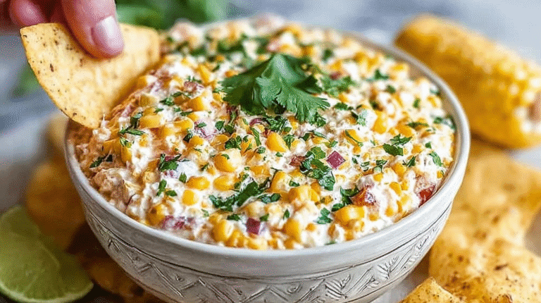 Creamy corn dip with cheese, red onion, cilantro, and tortilla chips, served as a party appetizer.