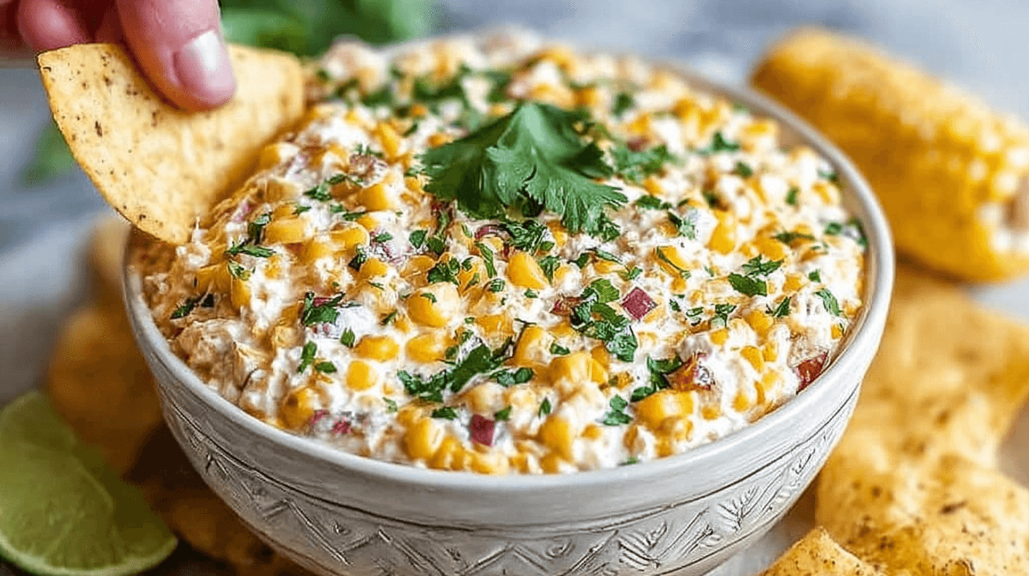 Creamy corn dip with cheese, red onion, cilantro, and tortilla chips, served as a party appetizer.