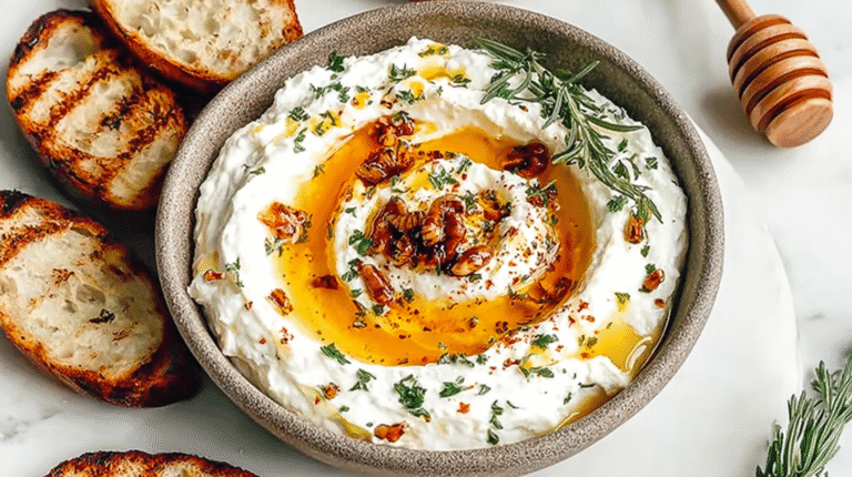 Creamy ricotta dip drizzled with hot honey, topped with herbs and pecans, served with toasted bread slices.