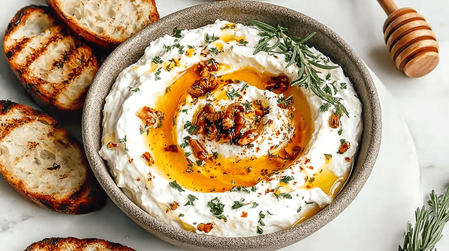 Creamy ricotta dip drizzled with hot honey, topped with herbs and pecans, served with toasted bread slices.