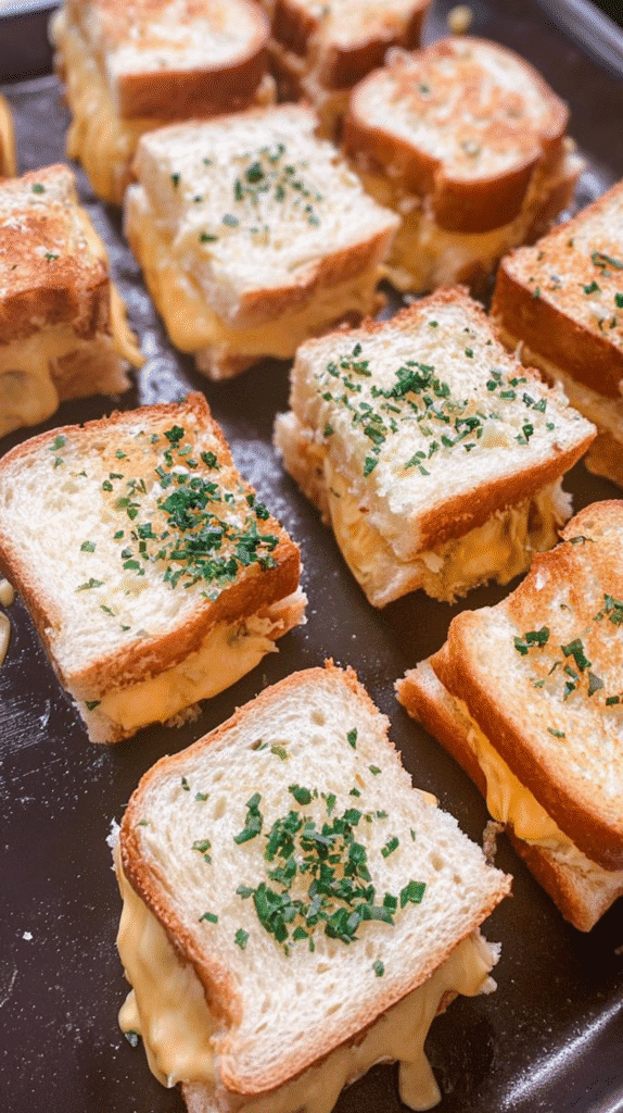 Mini Hawaiian roll grilled cheese sandwiches topped with melted cheese and fresh herbs, served on a baking tray.