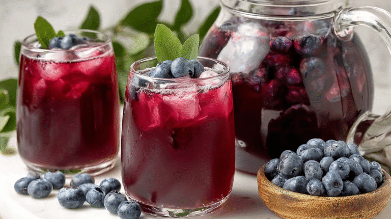 Refreshing blueberry iced tea served with ice cubes, fresh blueberries, and mint leaves in clear glasses.