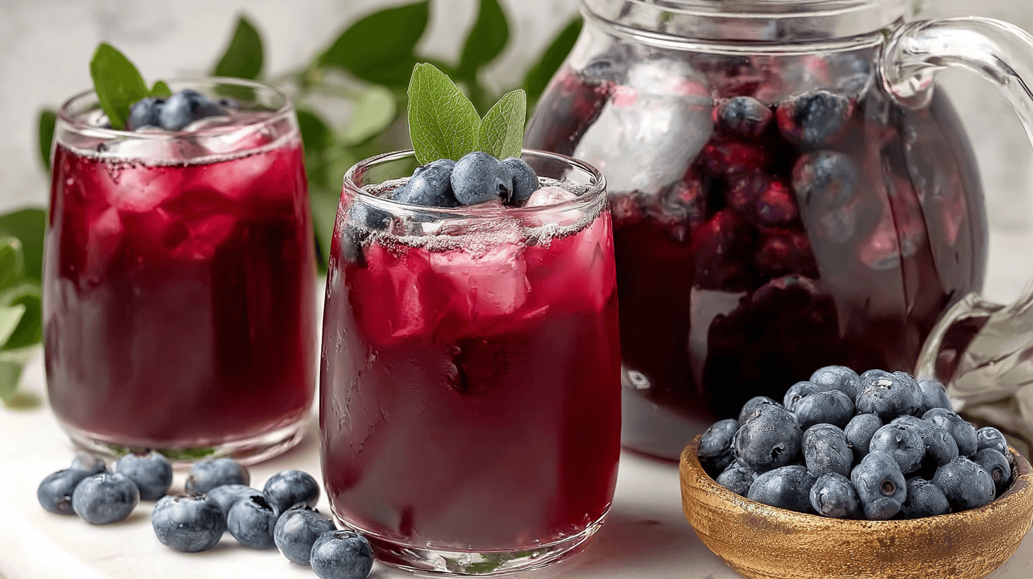 Refreshing blueberry iced tea served with ice cubes, fresh blueberries, and mint leaves in clear glasses.