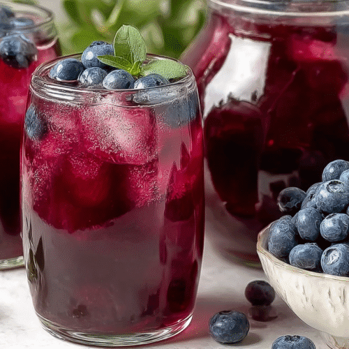 Refreshing blueberry iced tea served with ice cubes, fresh blueberries, and mint leaves in clear glasses.
