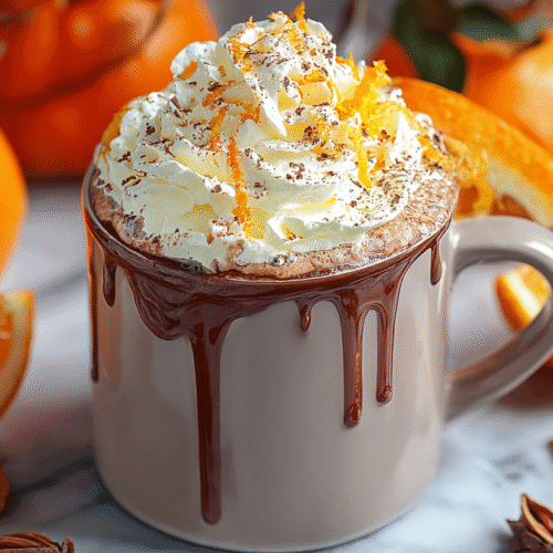 Creamy orange hot chocolate topped with whipped cream and orange zest, served in a mug with melted chocolate drizzle.