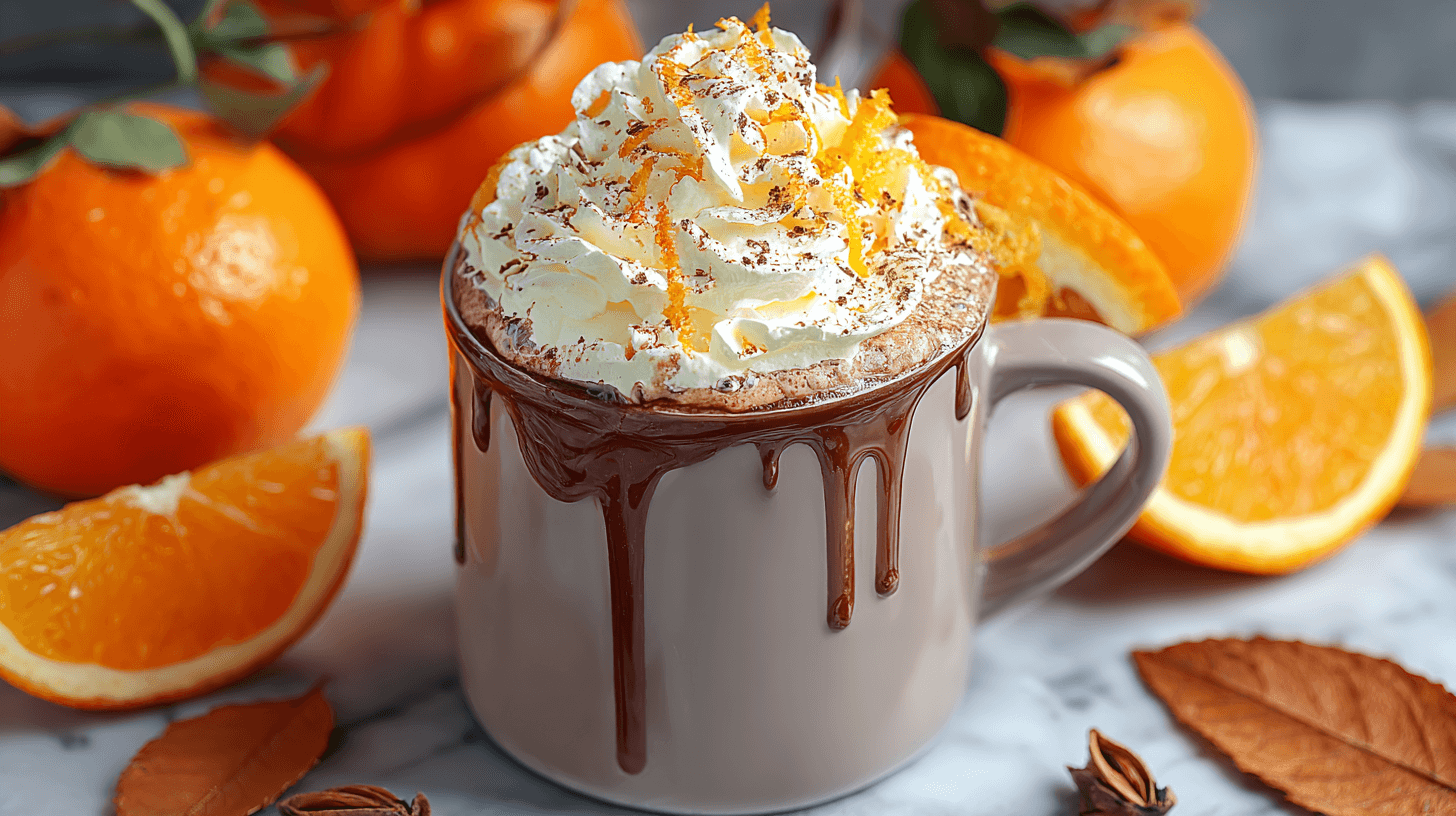 Creamy orange hot chocolate topped with whipped cream and orange zest, served in a mug with melted chocolate drizzle.
