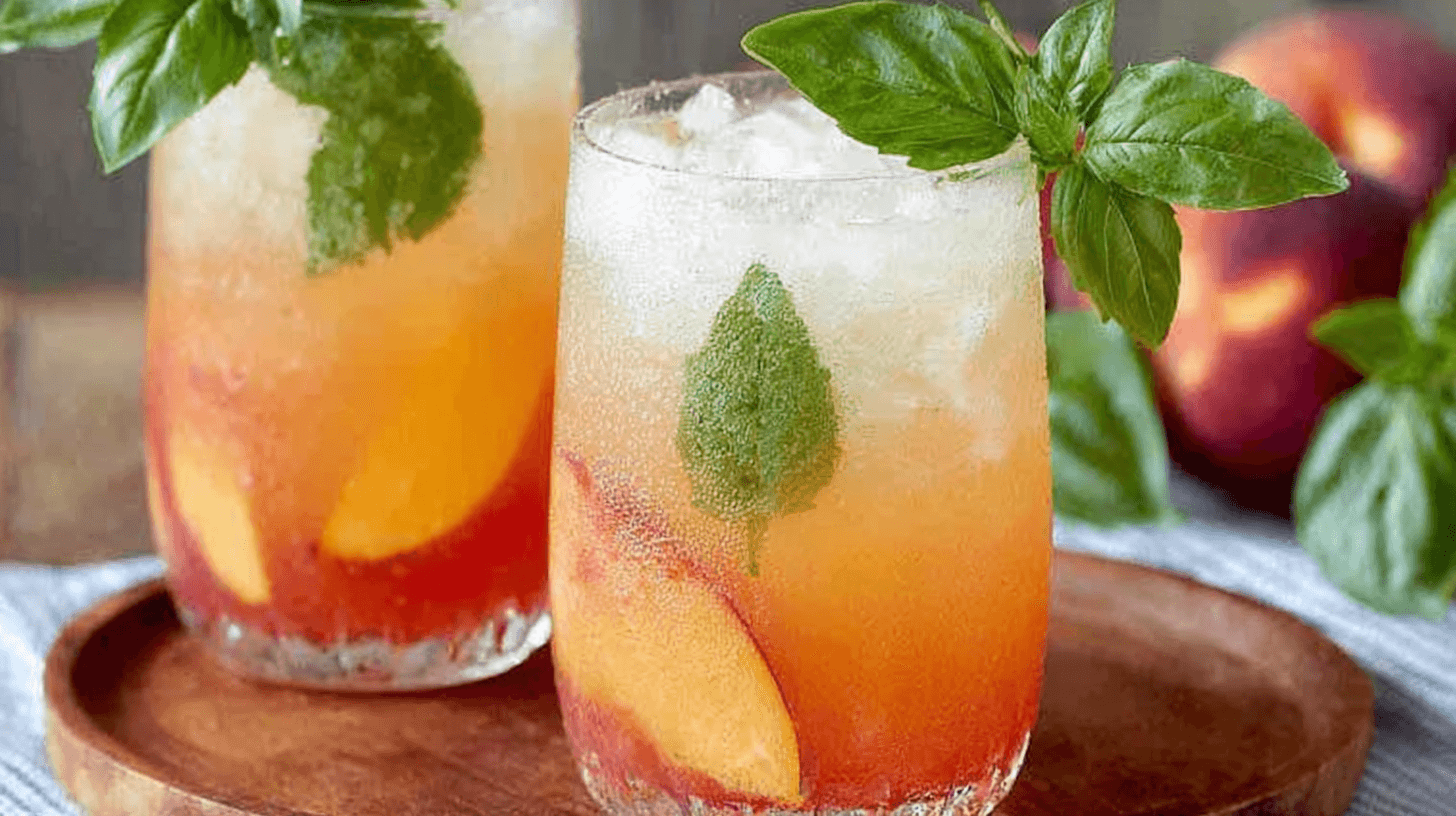 Refreshing peach basil spritzer served with ice, peach slices, and fresh basil leaves in a glass.