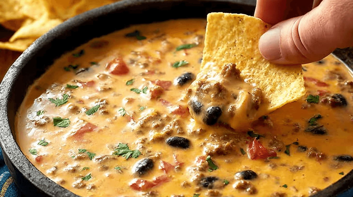 Skillet of cowboy queso dip with ground beef, black beans, tomatoes, and melted cheese served with tortilla chips.
