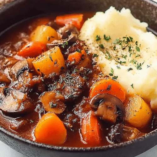 Hearty vegetarian stew with carrots, potatoes, mushrooms, and mashed potatoes served in a bowl.