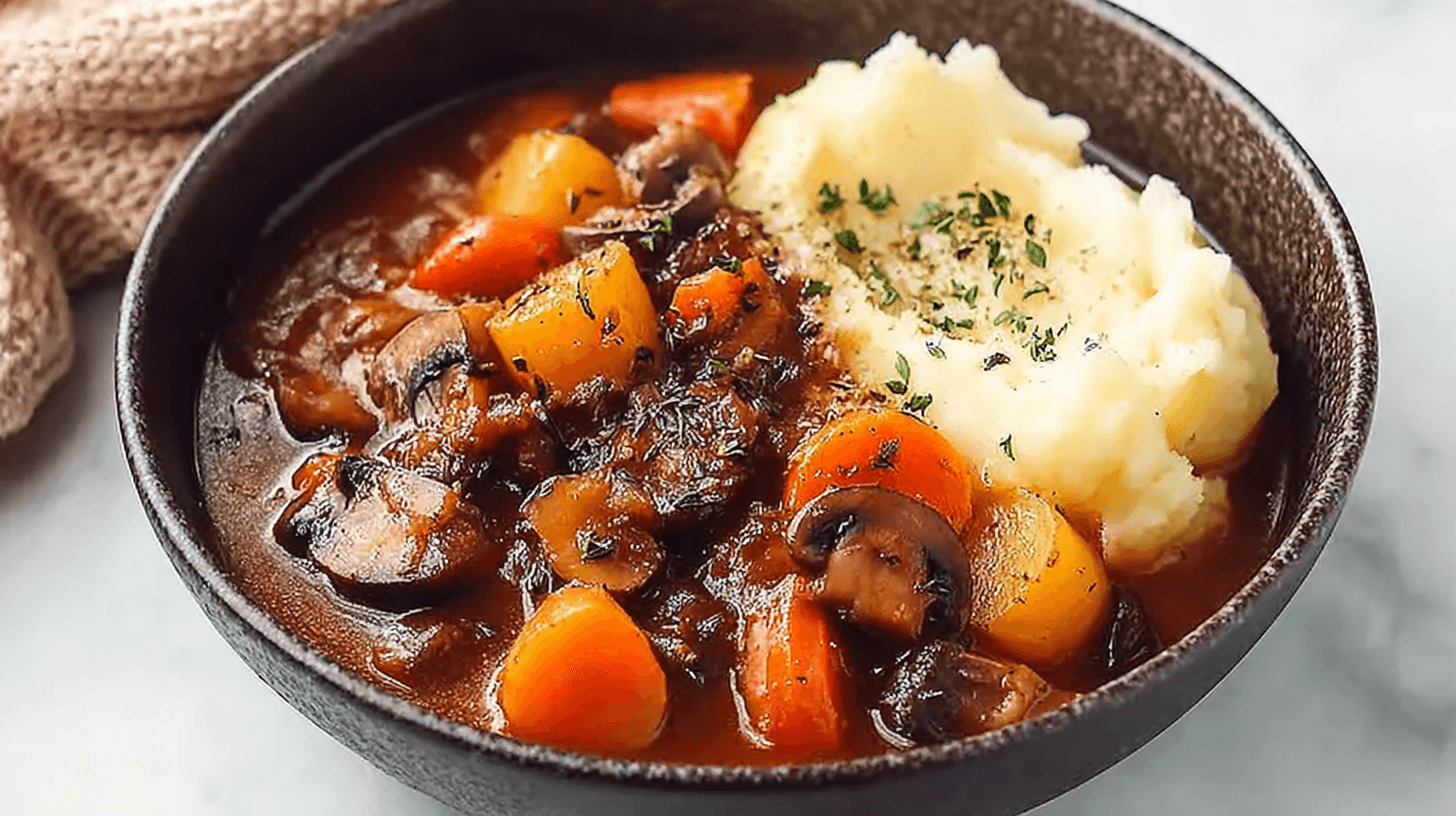 Hearty vegetarian stew with carrots, potatoes, mushrooms, and mashed potatoes served in a bowl.