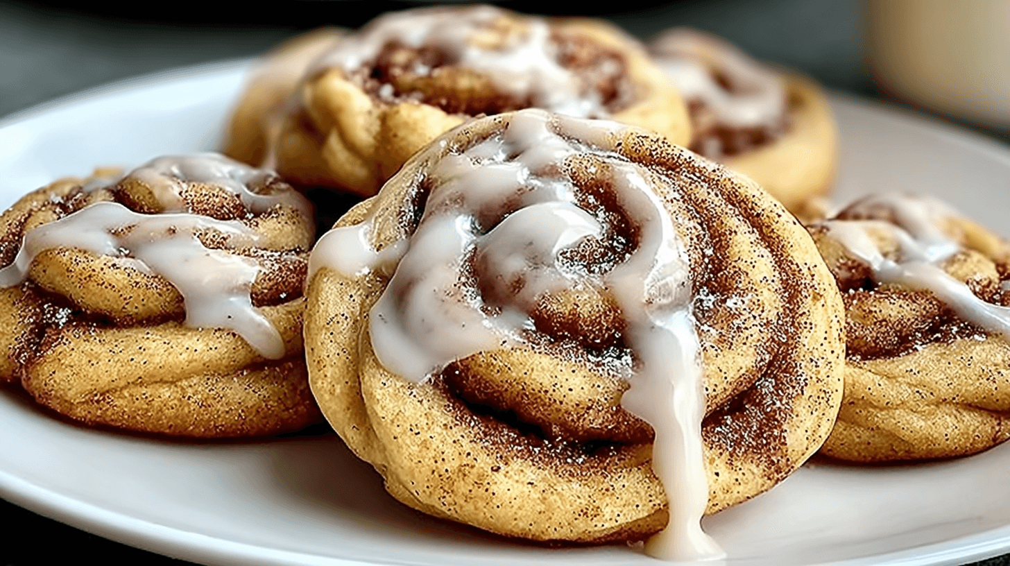 Freshly baked cinnamon roll cookies drizzled with sweet icing on a white plate.