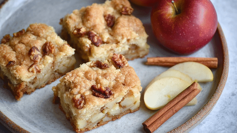 Soft and chewy apple brownies with cinnamon and walnuts, served with fresh apples and cinnamon sticks.