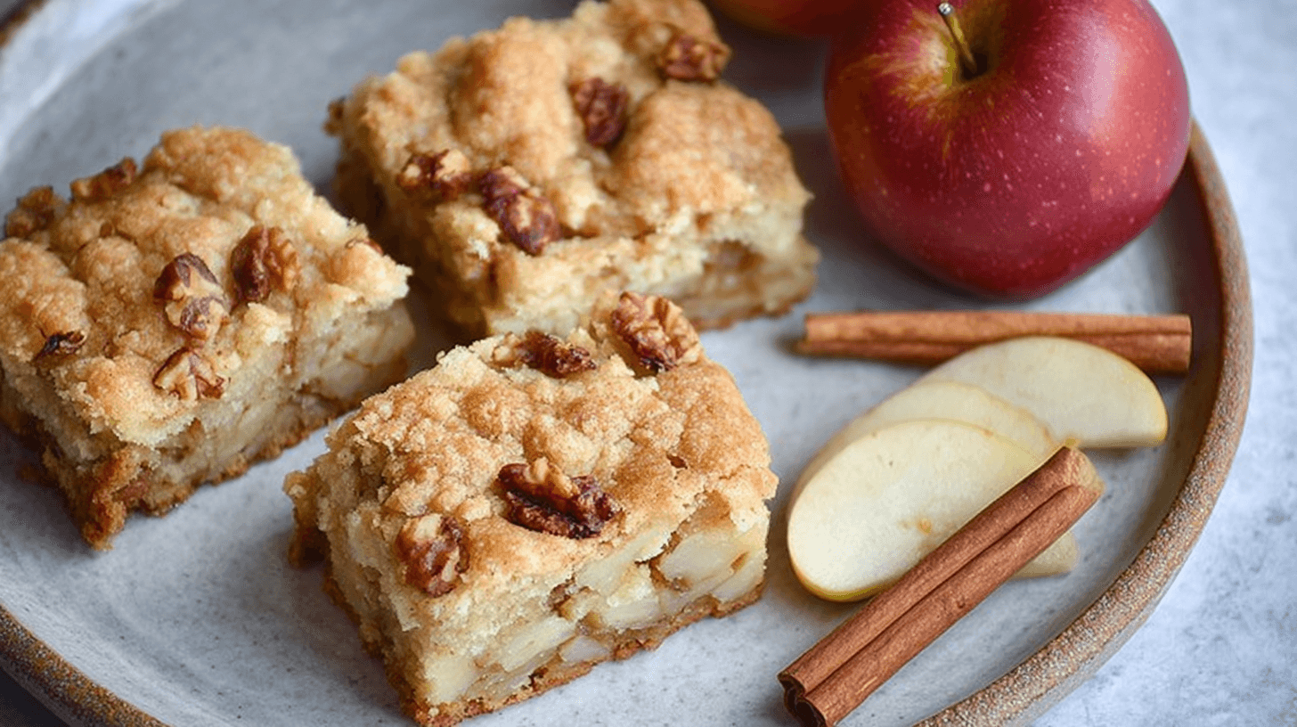 Soft and chewy apple brownies with cinnamon and walnuts, served with fresh apples and cinnamon sticks.