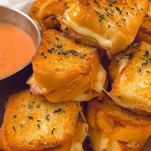 Golden Hawaiian roll mini grilled cheese sandwiches stacked with gooey melted cheese, served with tomato soup dip.