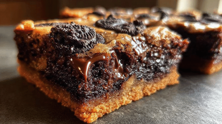 Triple-layer slutty brownie bar with cookie dough base, fudgy brownie center, and Oreo topping.