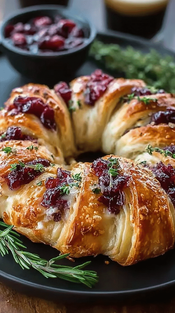 Golden-brown crescent ring filled with turkey, melted cheese, and topped with cranberry sauce, garnished with fresh rosemary.