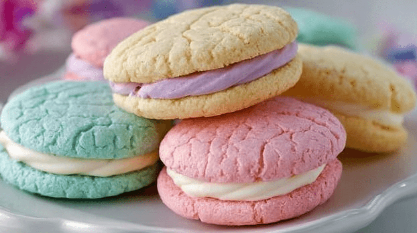Colorful sandwich sugar cookies filled with creamy vanilla frosting, perfect for parties and holidays.