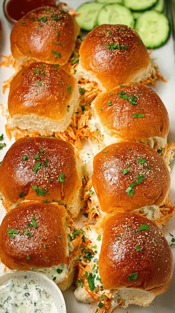 Buffalo chicken sliders on soft golden buns, topped with parsley and served with creamy dipping sauce, perfect for parties.