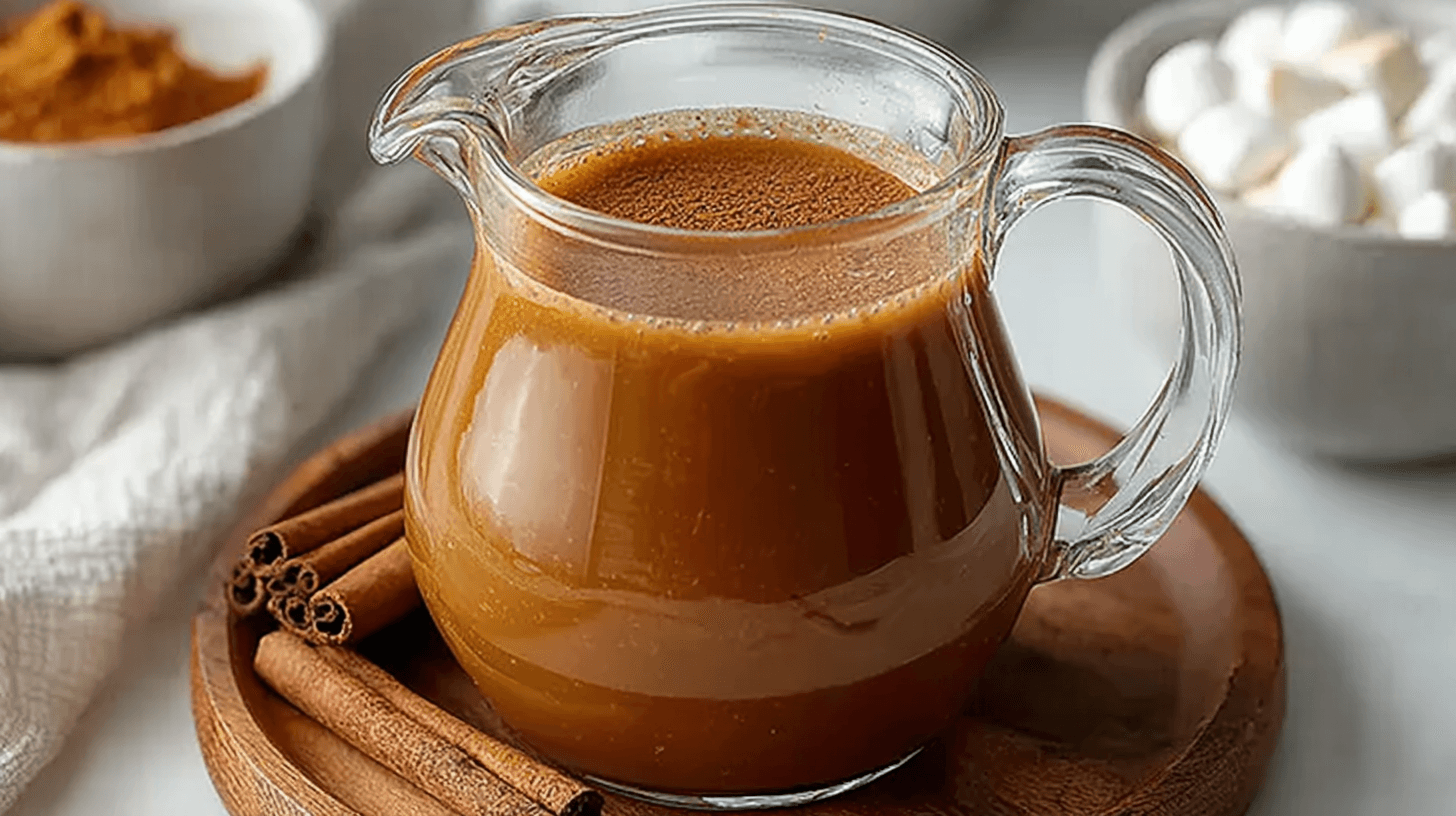 Homemade pumpkin marshmallow coffee syrup in a glass jar surrounded by cinnamon sticks and marshmallows.