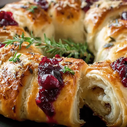 Golden baked crescent ring filled with turkey, cheese, and cranberry sauce, garnished with fresh herbs.