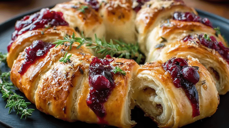 Golden baked crescent ring filled with turkey, cheese, and cranberry sauce, garnished with fresh herbs.