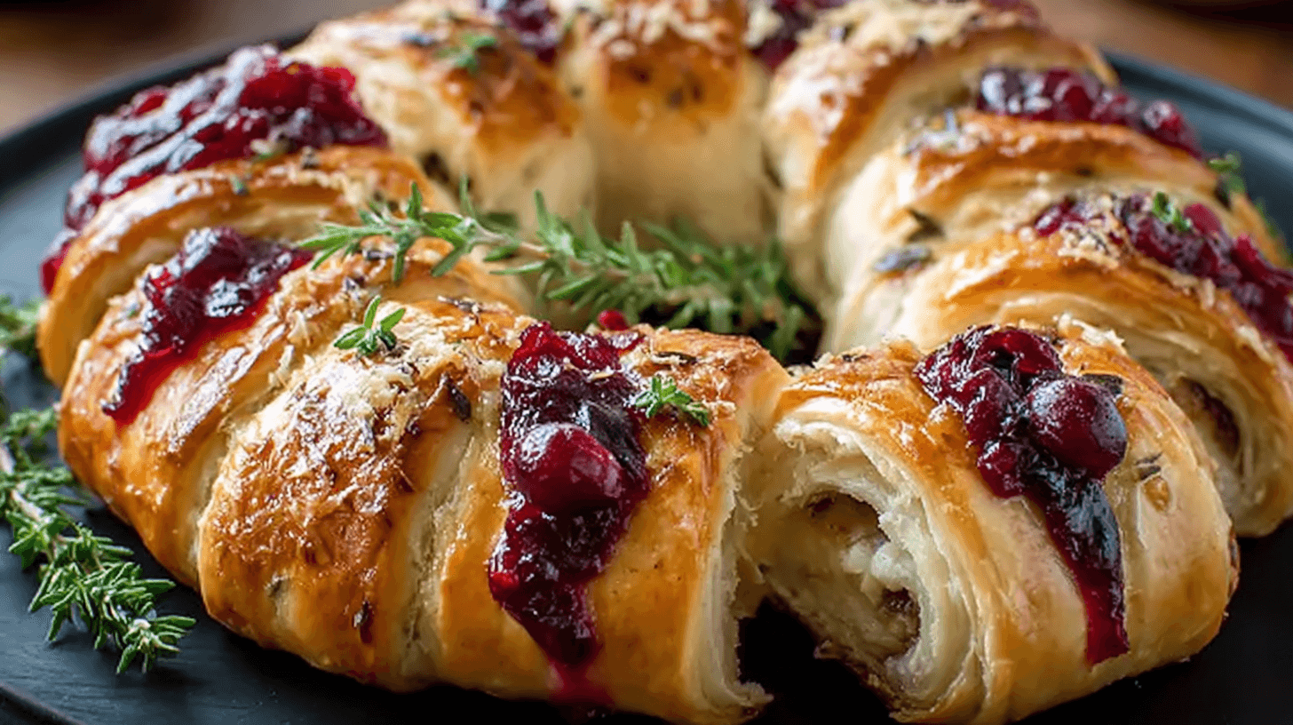 Golden baked crescent ring filled with turkey, cheese, and cranberry sauce, garnished with fresh herbs.