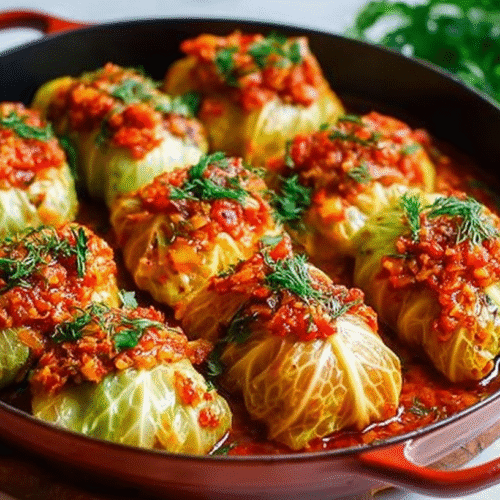 Vegetarian stuffed cabbage rolls in tomato sauce topped with herbs and served in a cast-iron pan.