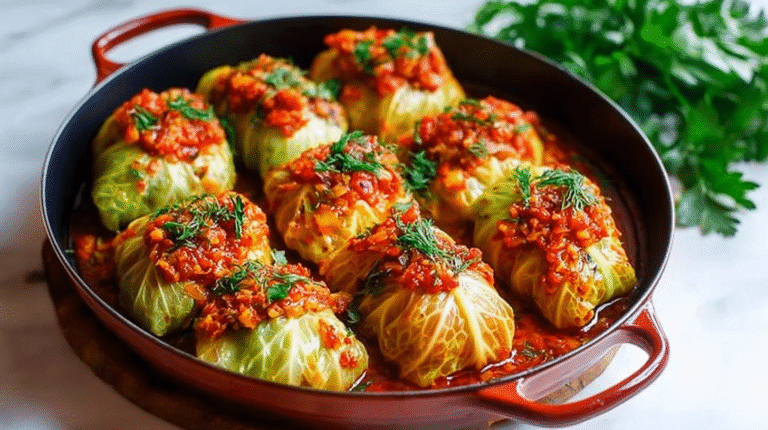 Vegetarian stuffed cabbage rolls in tomato sauce topped with herbs and served in a cast-iron pan.
