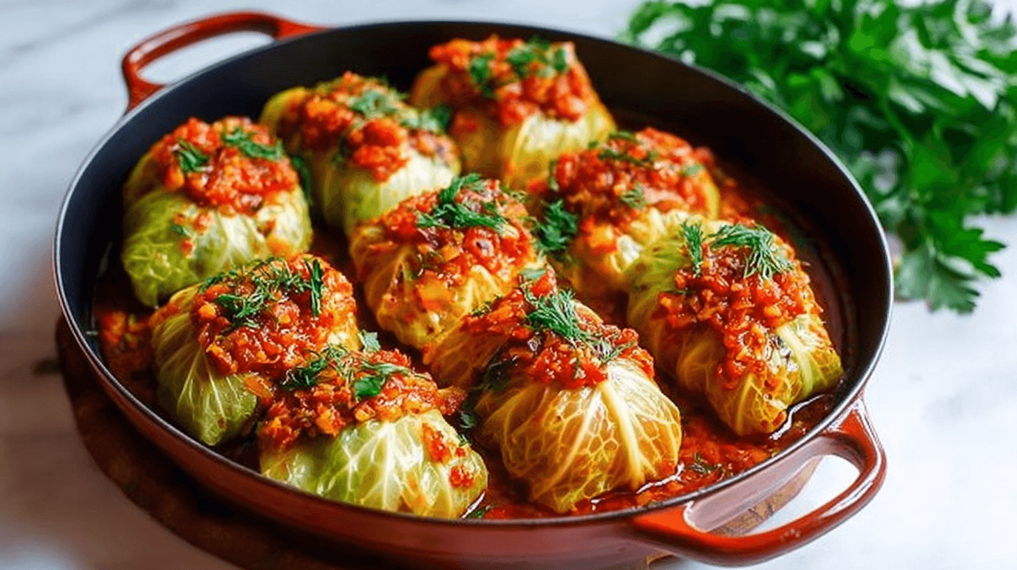 Vegetarian stuffed cabbage rolls in tomato sauce topped with herbs and served in a cast-iron pan.
