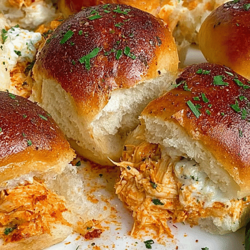 Buffalo chicken sliders on golden toasted buns with melted cheese and ranch drizzle, served as a party appetizer.
