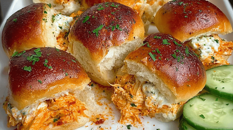 Buffalo chicken sliders on golden toasted buns with melted cheese and ranch drizzle, served as a party appetizer.